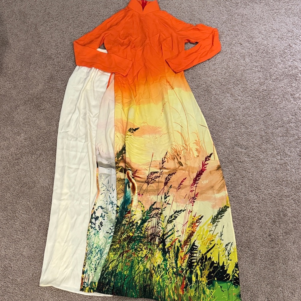 Vibrant Orange and Nature Print Ao Dai